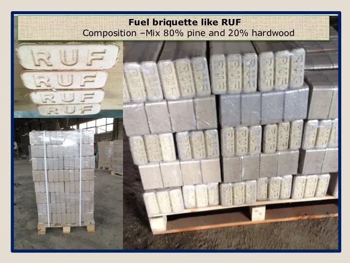 Fuel briquette like RUF Composition –Mix 80% pine and 20% hardwood