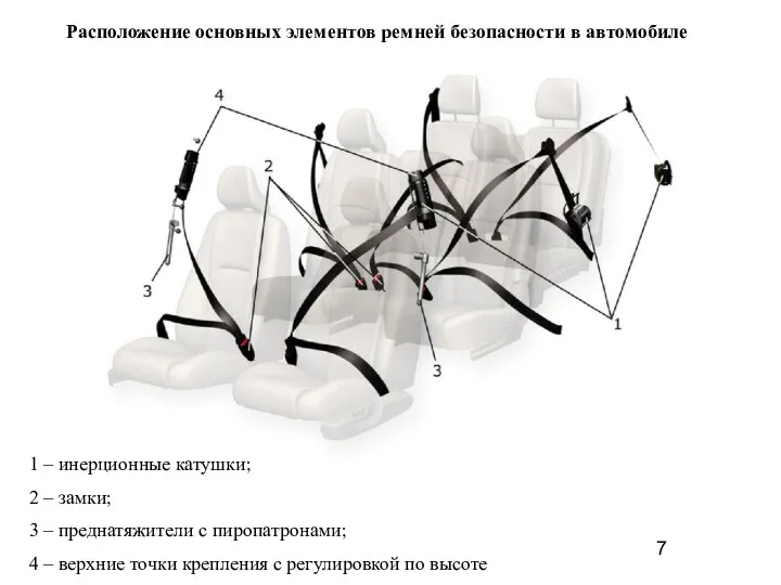 Расположение основных элементов ремней безопасности в автомобиле 1 – инерционные