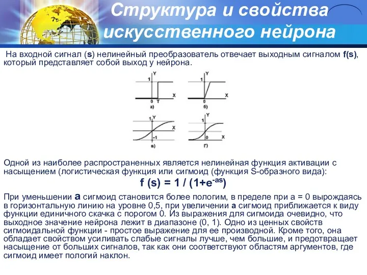 Структура и свойства искусственного нейрона На входной сигнал (s) нелинейный