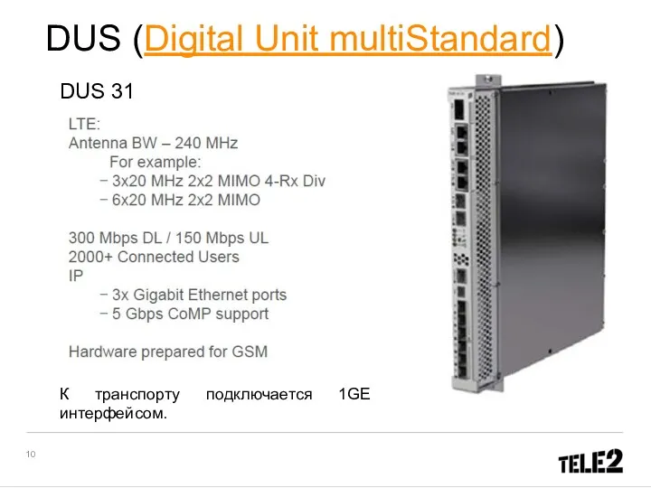 DUS (Digital Unit multiStandard) DUS 31 К транспорту подключается 1GE интерфейсом.