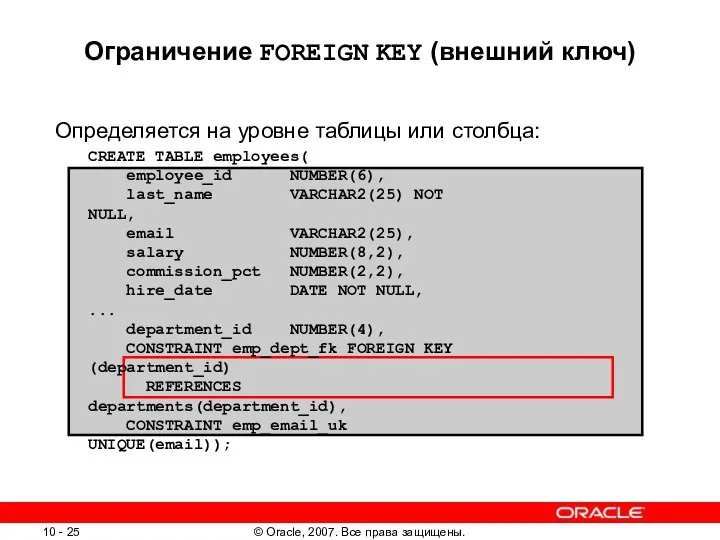 Ограничение FOREIGN KEY (внешний ключ) Определяется на уровне таблицы или