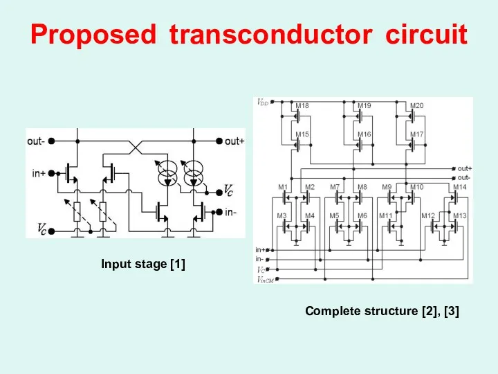 Proposed transconductor circuit Input stage [1] Complete structure [2], [3]