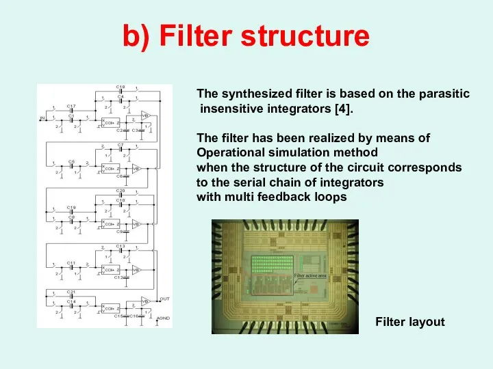 b) Filter structure The synthesized filter is based on the parasitic insensitive integrators