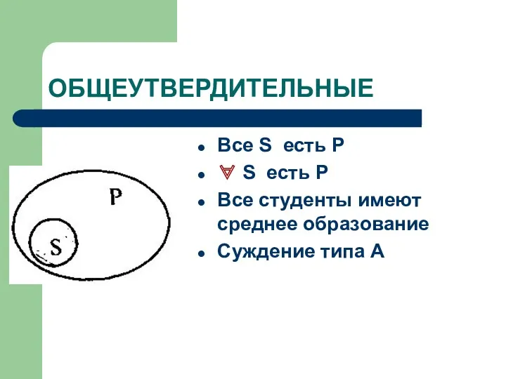 ОБЩЕУТВЕРДИТЕЛЬНЫЕ Все S есть Р ∀ S есть Р Все