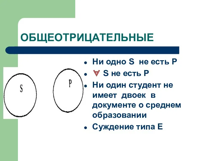 ОБЩЕОТРИЦАТЕЛЬНЫЕ Ни одно S не есть Р ∀ S не