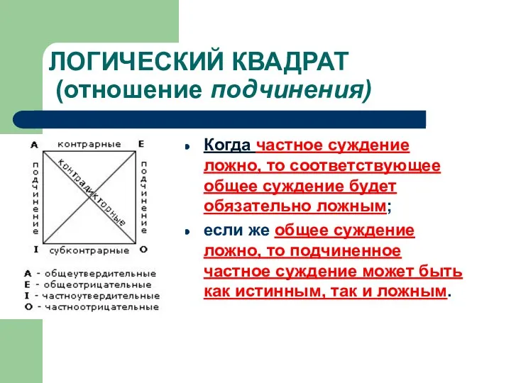 ЛОГИЧЕСКИЙ КВАДРАТ (отношение подчинения) Когда частное суждение ложно, то соответствующее