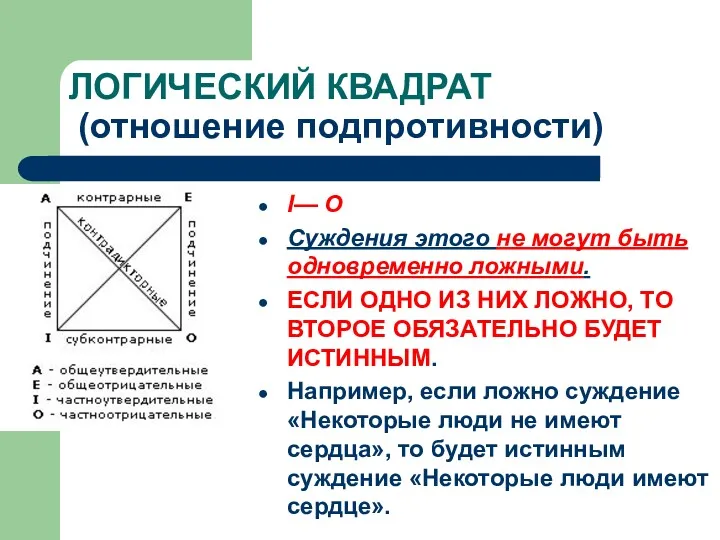 ЛОГИЧЕСКИЙ КВАДРАТ (отношение подпротивности) I— О Суждения этого не могут