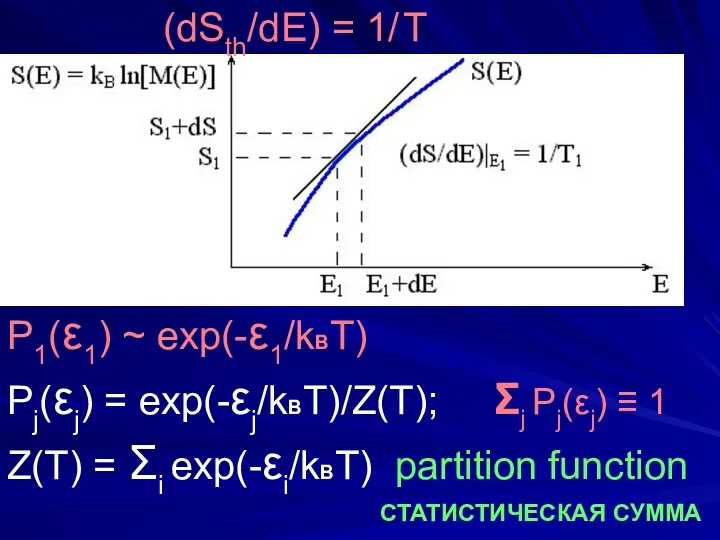 (dSth/dE) = 1/ T P1(ε1) ~ exp(-ε1/kBT) Pj(εj) = exp(-εj/kBT)/Z(T); Σj Pj(εj) ≡