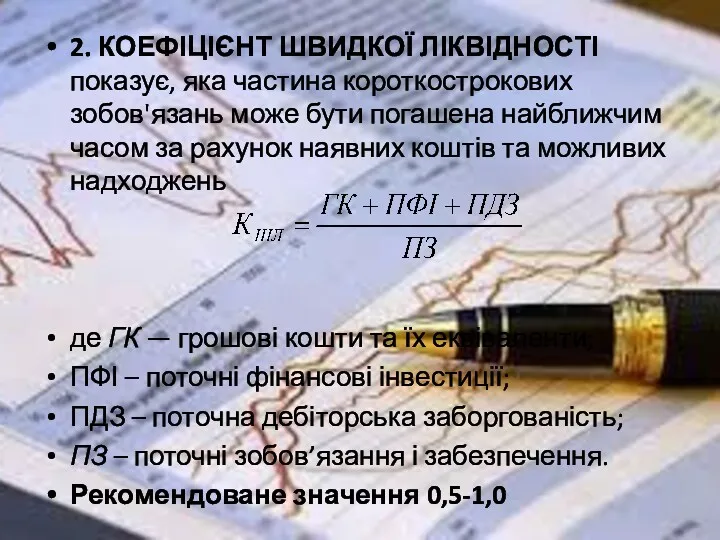 2. КОЕФІЦІЄНТ ШВИДКОЇ ЛІКВІДНОСТІ показує, яка частина короткострокових зобов'язань може