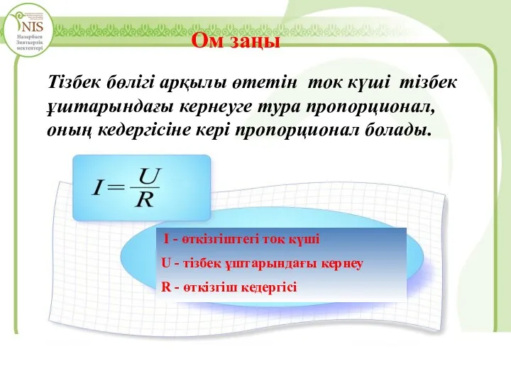 Ом заңы Тізбек бөлігі арқылы өтетін ток күші тізбек ұштарындағы