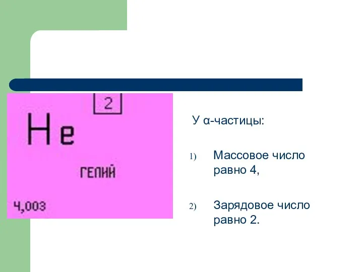 У α-частицы: Массовое число равно 4, Зарядовое число равно 2.