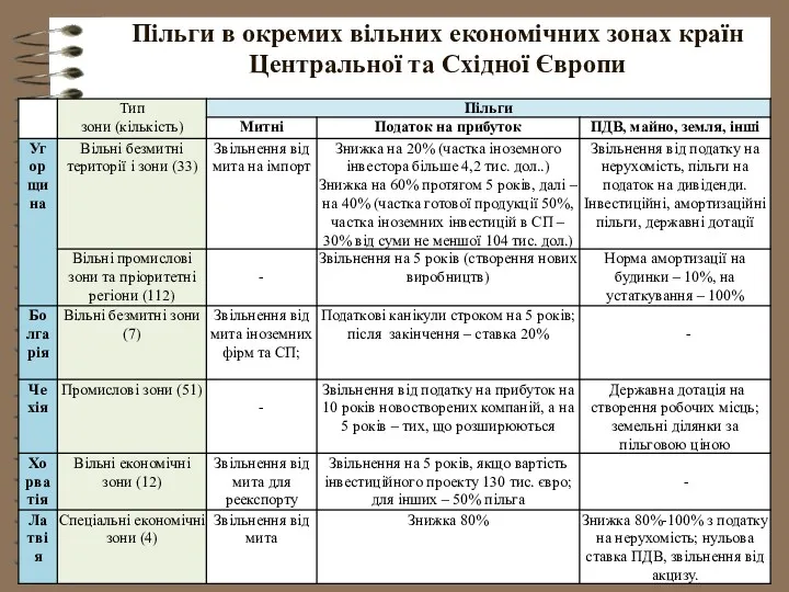 Пільги в окремих вільних економічних зонах країн Центральної та Східної Європи