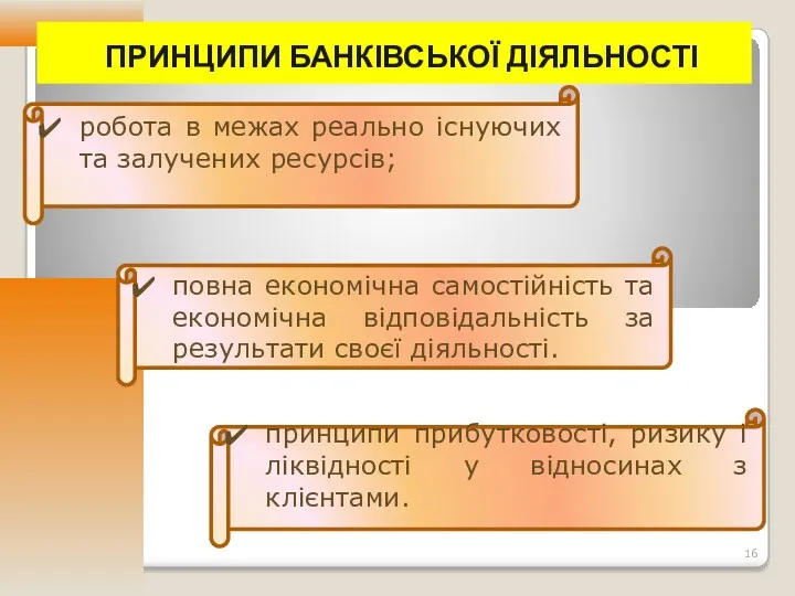 ПРИНЦИПИ БАНКІВСЬКОЇ ДІЯЛЬНОСТІ робота в межах реально існуючих та залучених