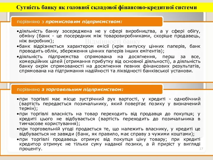 Сутність банку як головної складової фінансово-кредитної системи Відмінності банку