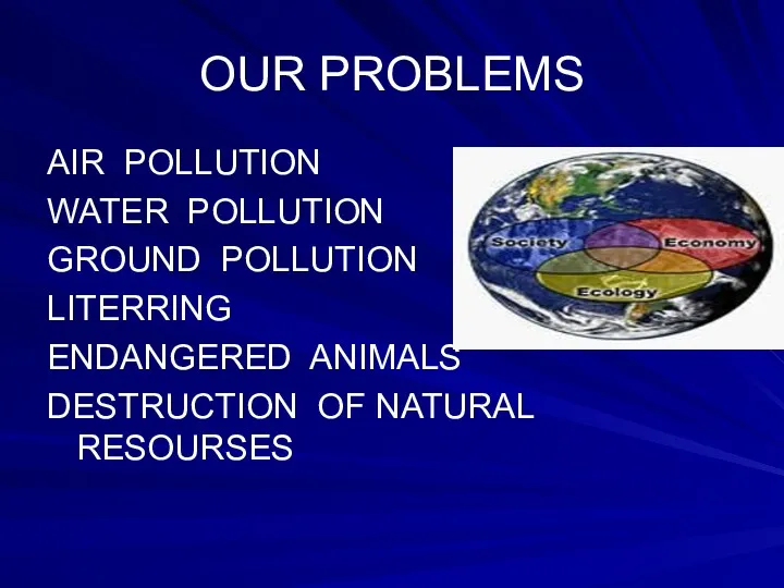 OUR PROBLEMS AIR POLLUTION WATER POLLUTION GROUND POLLUTION LITERRING ENDANGERED ANIMALS DESTRUCTION OF NATURAL RESOURSES