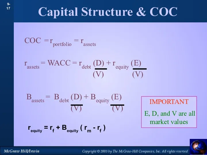 Capital Structure & COC COC = rportfolio = rassets rassets