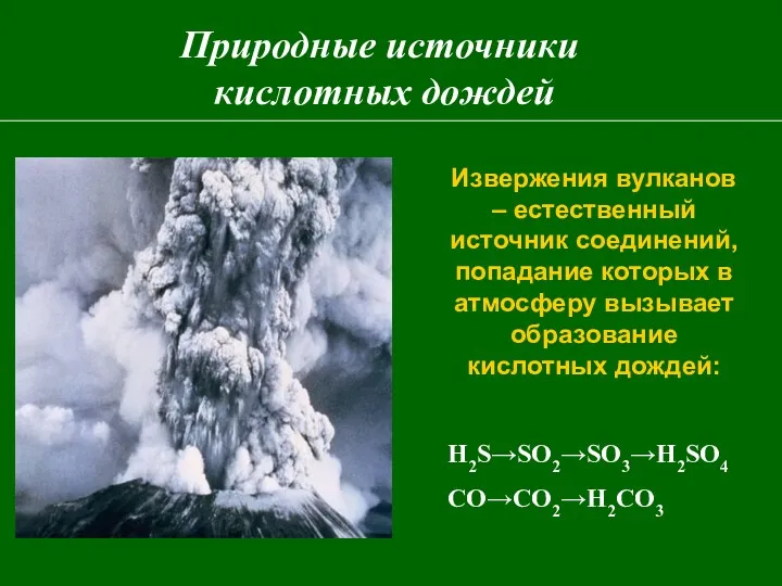 Природные источники кислотных дождей Извержения вулканов – естественный источник соединений,