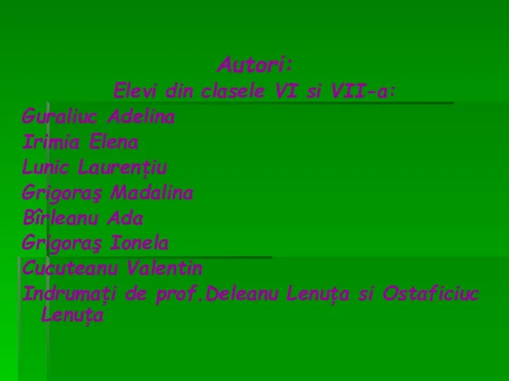Autori: Elevi din clasele VI si VII-a: Guraliuc Adelina Irimia