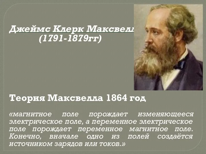 Джеймс Клерк Максвелл (1791-1879гг) Теория Максвелла 1864 год «магнитное поле