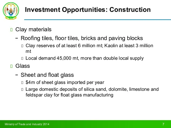 Investment Opportunities: Construction Clay materials Roofing tiles, floor tiles, bricks