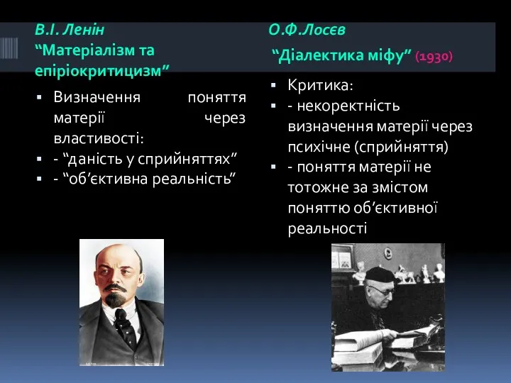 В.І. Ленін “Матеріалізм та епіріокритицизм” О.Ф.Лосєв “Діалектика міфу” (1930) Визначення поняття матерії через