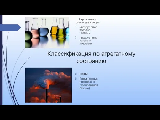 Классификация по агрегатному состоянию Аэрозоли и их смеси, двух видов: