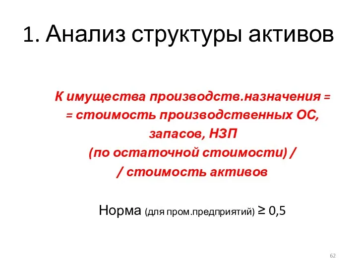 1. Анализ структуры активов К имущества производств.назначения = = стоимость