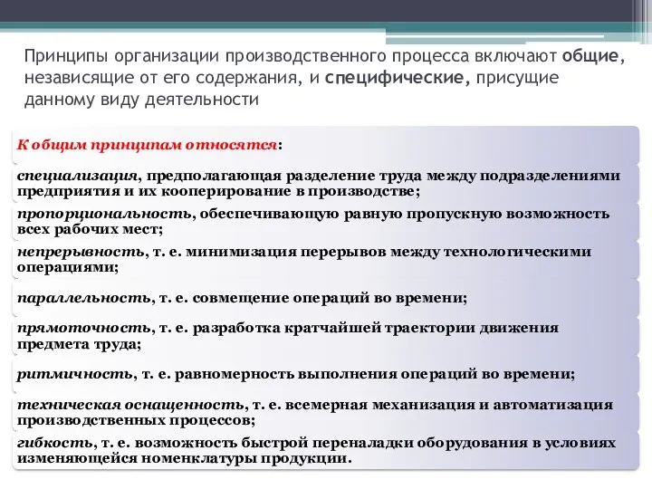 Принципы организации производственного процесса включают общие, независящие от его содержания, и специфические, присущие данному виду деятельности