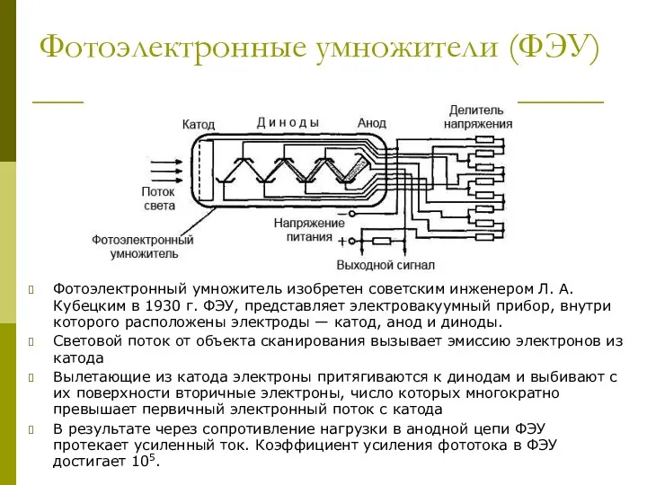 Фотоэлектронные умножители (ФЭУ) Фотоэлектронный умножитель изобретен советским инженером Л. А.
