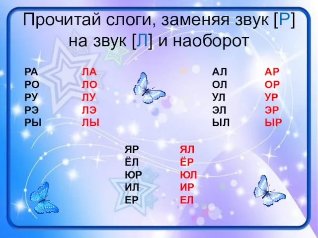 Прочитай слоги, заменяя звук [Р] на звук [Л] и наоборот