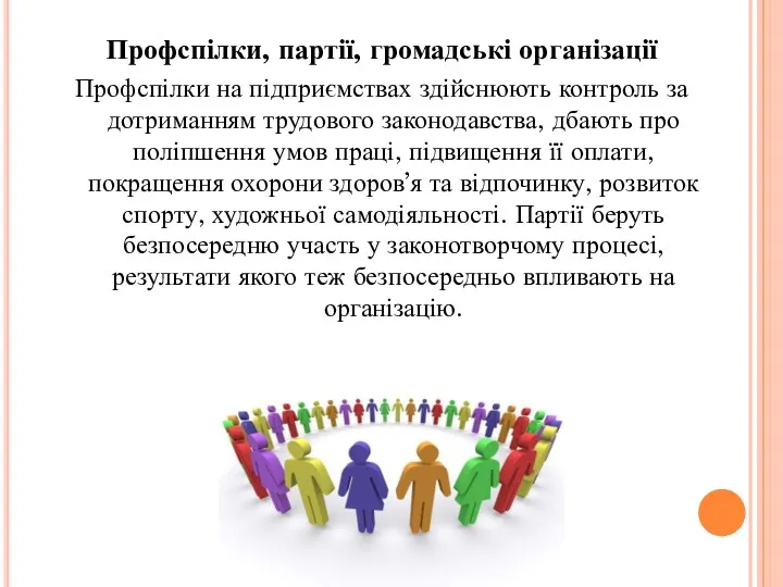 Профспілки, партії, громадські організації Профспілки на підприємствах здійснюють контроль за