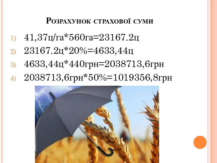 Розрахунок страхової суми 41,37ц/га*560га=23167.2ц 23167.2ц*20%=4633,44ц 4633,44ц*440грн=2038713,6грн 2038713,6грн*50%=1019356,8грн