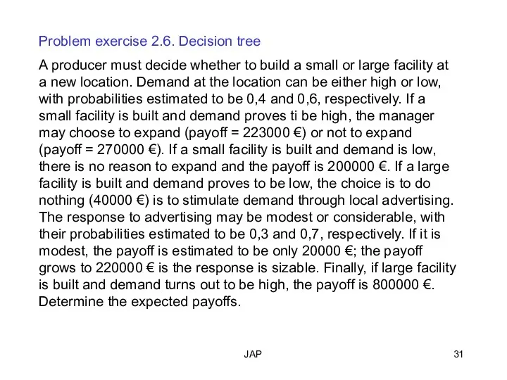 JAP Problem exercise 2.6. Decision tree A producer must decide