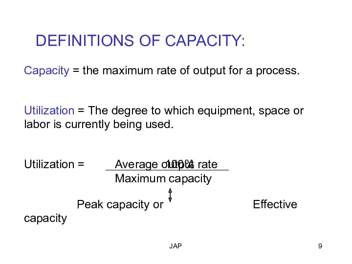 JAP DEFINITIONS OF CAPACITY: Capacity = the maximum rate of