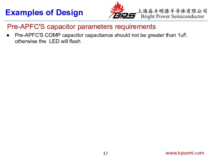 Examples of Design www.bpsemi.com Pre-APFC'S capacitor parameters requirements Pre-APFC'S COMP