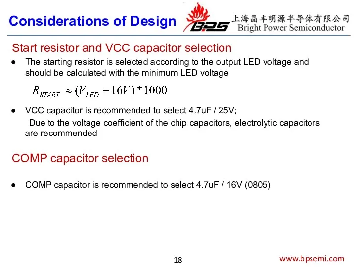 www.bpsemi.com Considerations of Design Start resistor and VCC capacitor selection
