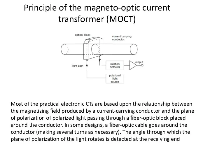 Principle of the magneto-optic current transformer (MOCT) Most of the practical electronic CTs