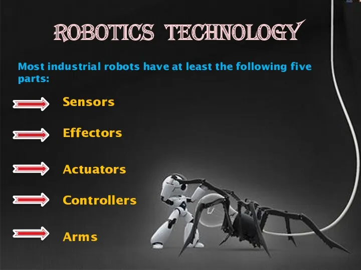 robotics technology Sensors Effectors Actuators Controllers Arms Most industrial robots