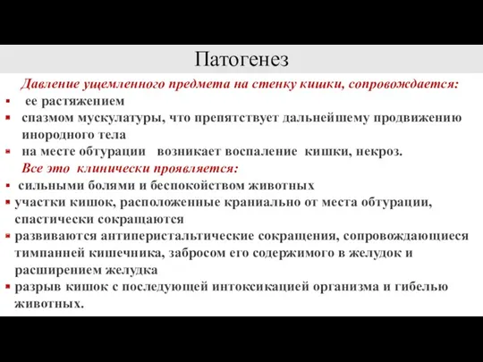 Патогенез Давление ущемленного предмета на стенку кишки, сопровождается: ее растяжением