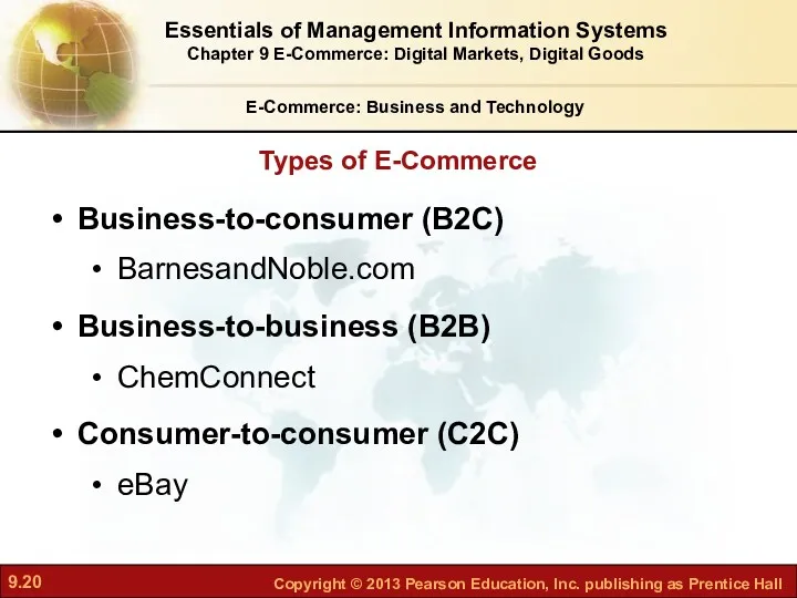 Types of E-Commerce E-Commerce: Business and Technology Business-to-consumer (B2C) BarnesandNoble.com Business-to-business (B2B) ChemConnect