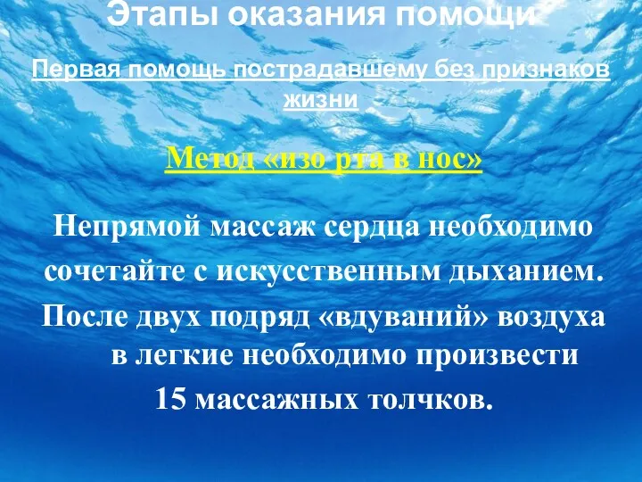 Этапы оказания помощи Первая помощь пострадавшему без признаков жизни Метод