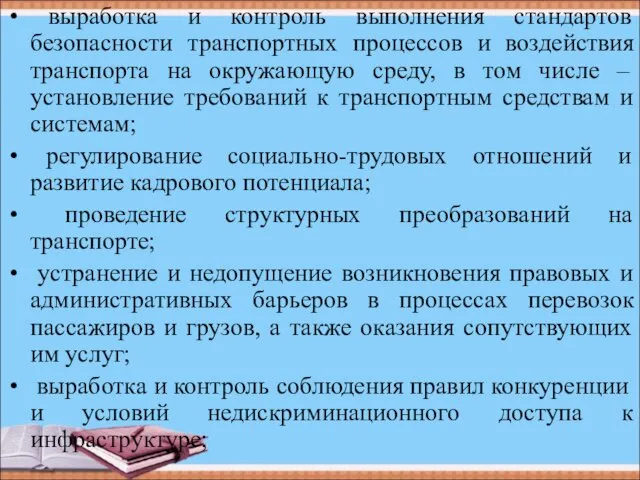 выработка и контроль выполнения стандартов безопасности транспортных процессов и воздействия