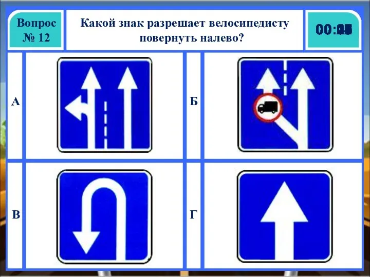 Вопрос № 12 Какой знак разрешает велосипедисту повернуть налево? А