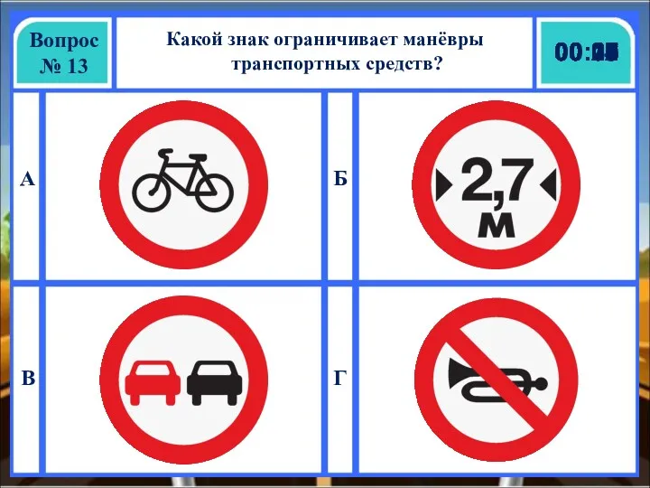 Вопрос № 13 Какой знак ограничивает манёвры транспортных средств? А