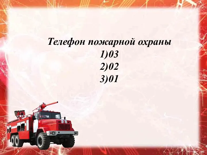 Телефон пожарной охраны 1)03 2)02 3)01