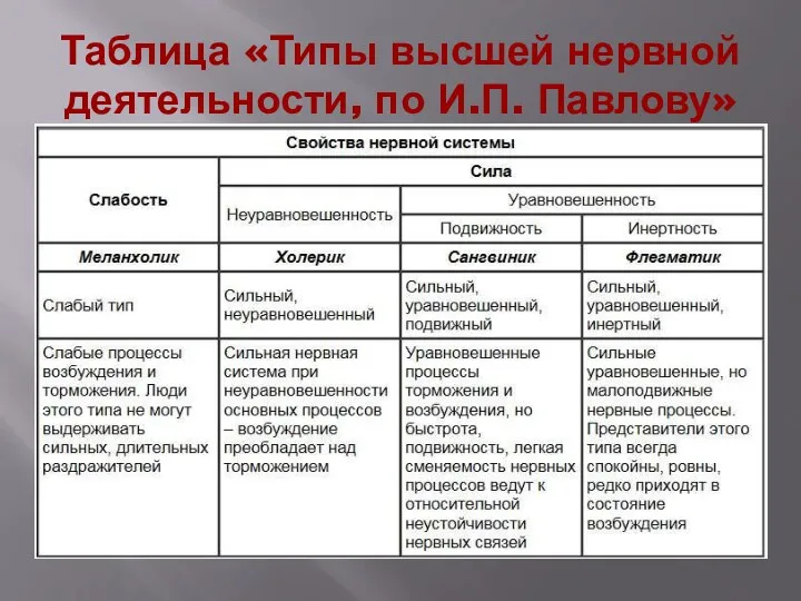 Таблица «Типы высшей нервной деятельности, по И.П. Павлову»