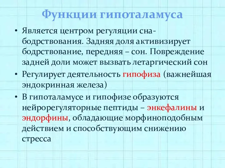 Функции гипоталамуса Является центром регуляции сна- бодрствования. Задняя доля активизирует