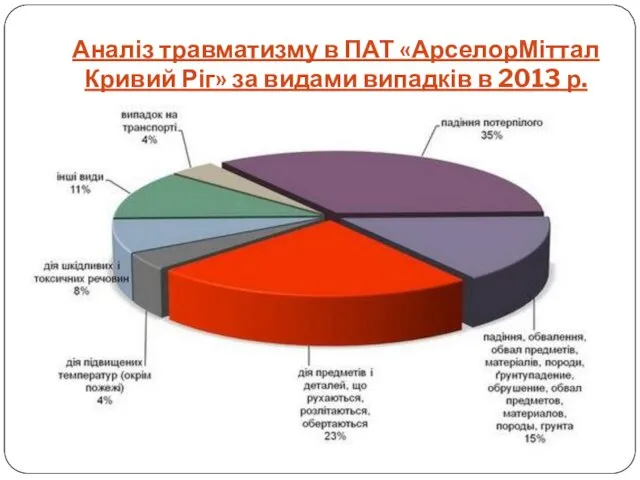 Аналіз травматизму в ПАТ «АрселорМіттал Кривий Ріг» за видами випадків в 2013 р.