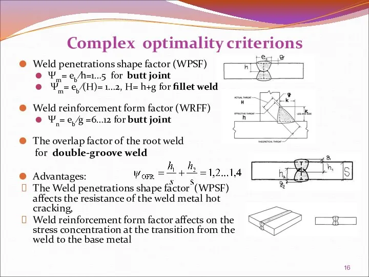 Complex optimality criterions Weld penetrations shape factor (WPSF) Ψm= eb