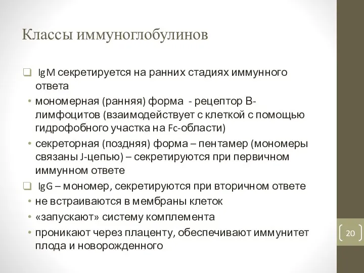 Классы иммуноглобулинов IgM секретируется на ранних стадиях иммунного ответа мономерная